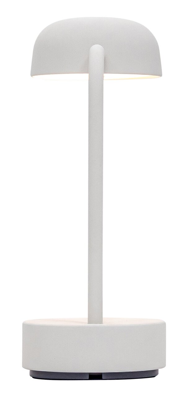 Moderne Tischlampe in mattem Weiß mit rundem Schirm und zylindrischem Fuß, seitliche Perspektive