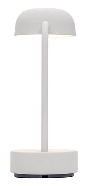 Moderne Tischlampe in mattem Weiß mit rundem Schirm und zylindrischem Fuß, seitliche Perspektive