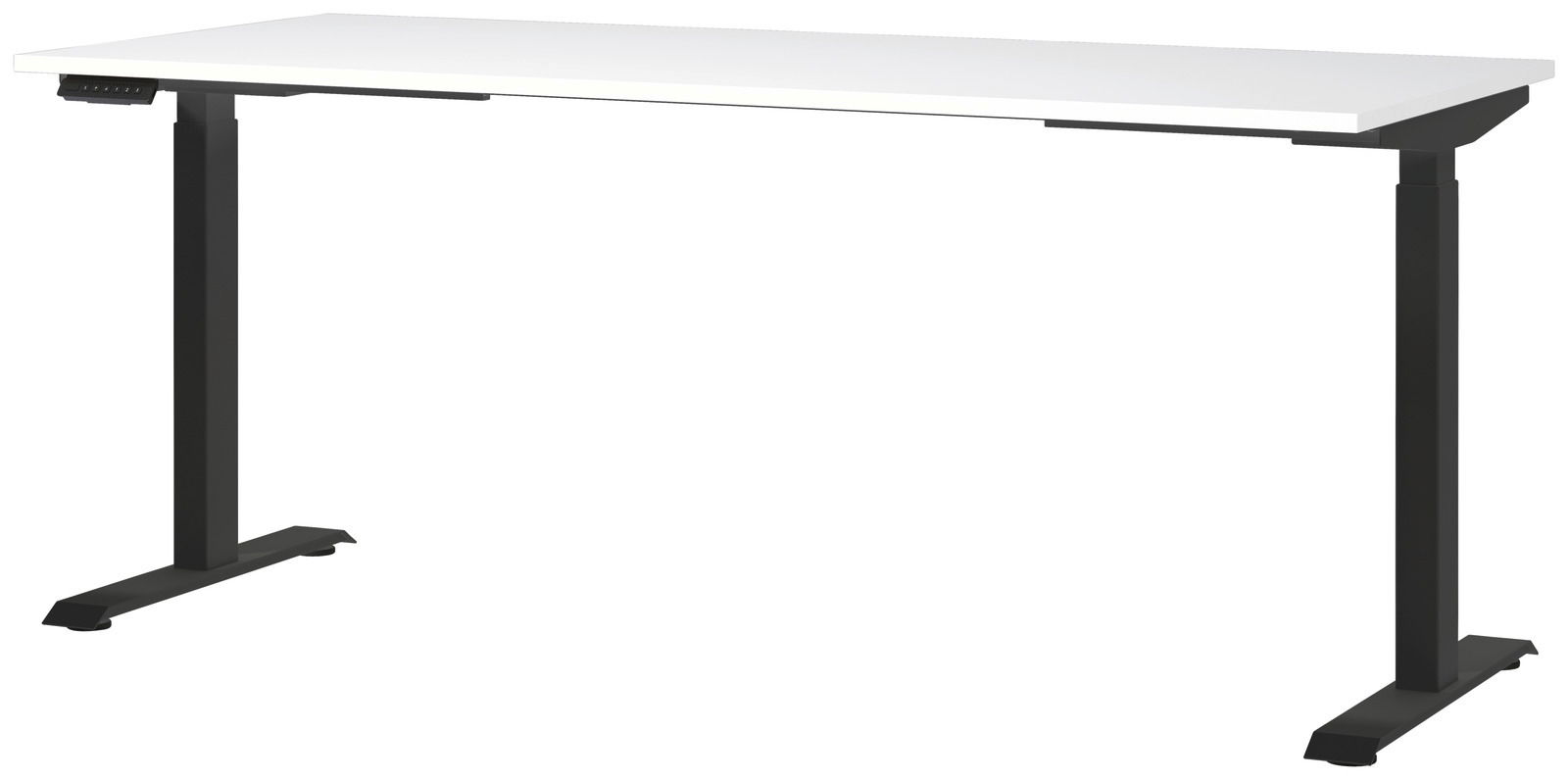 Moderner E-Schreibtisch 180x80 cm mit weißer Tischplatte und schwarzen, höhenverstellbaren Beinen, seitliche Perspektive