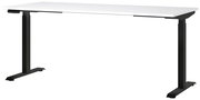 Moderner E-Schreibtisch 180x80 cm mit weißer Tischplatte und schwarzen, höhenverstellbaren Beinen, seitliche Perspektive