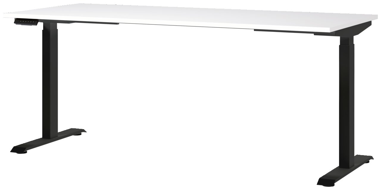 Moderner E-Schreibtisch 180x80 cm mit weißer Tischplatte und schwarzen, höhenverstellbaren Beinen, seitliche Perspektive
