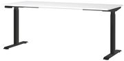 Moderner E-Schreibtisch 180x80 cm mit weißer Tischplatte und schwarzen, höhenverstellbaren Beinen, seitliche Perspektive