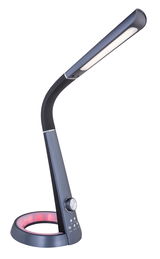 Moderne schwarze Tischleuchte aus Kunststoff mit gebogenem Arm und leuchtendem Ring, seitliche Perspektive