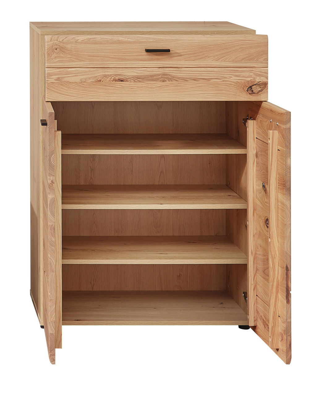 Schuhschrank aus Holz mit geöffneter Tür, frontal betrachtet