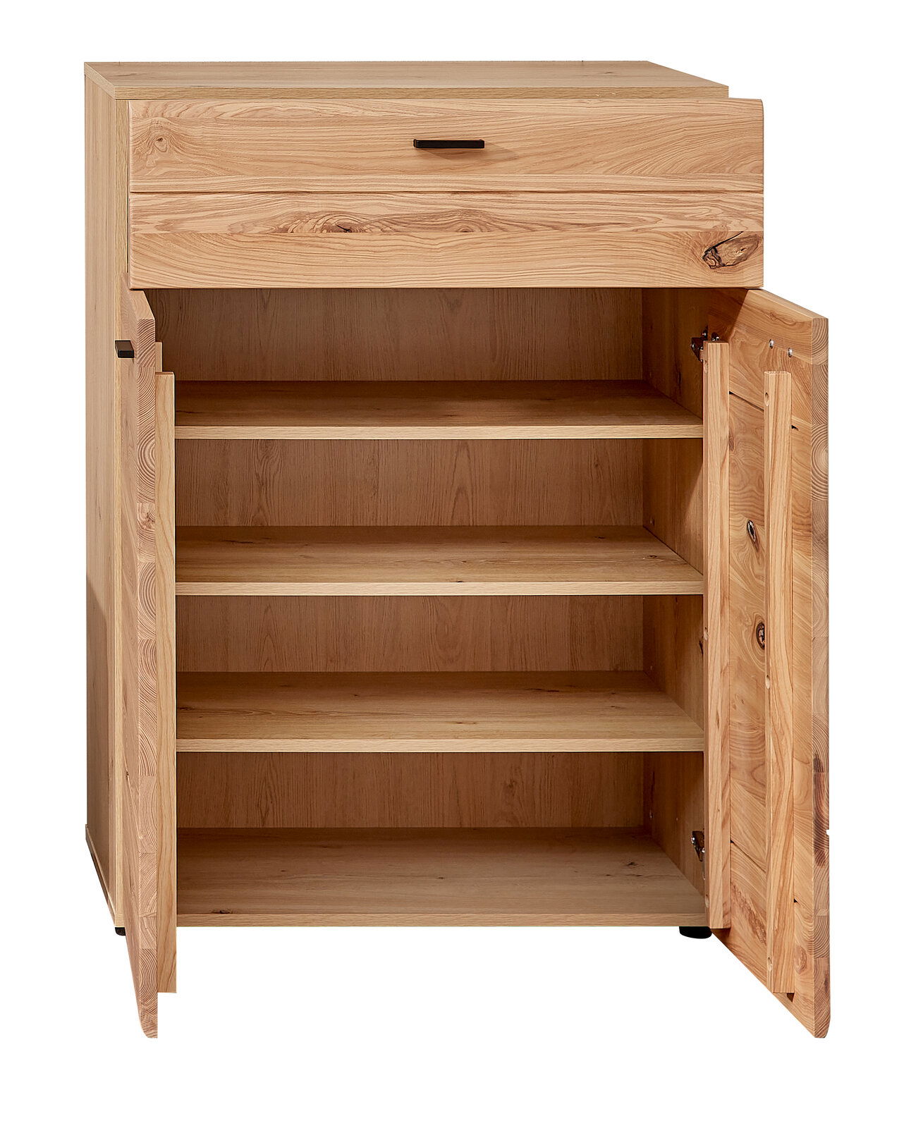 Schuhschrank aus Holz mit geöffneter Tür, frontal betrachtet