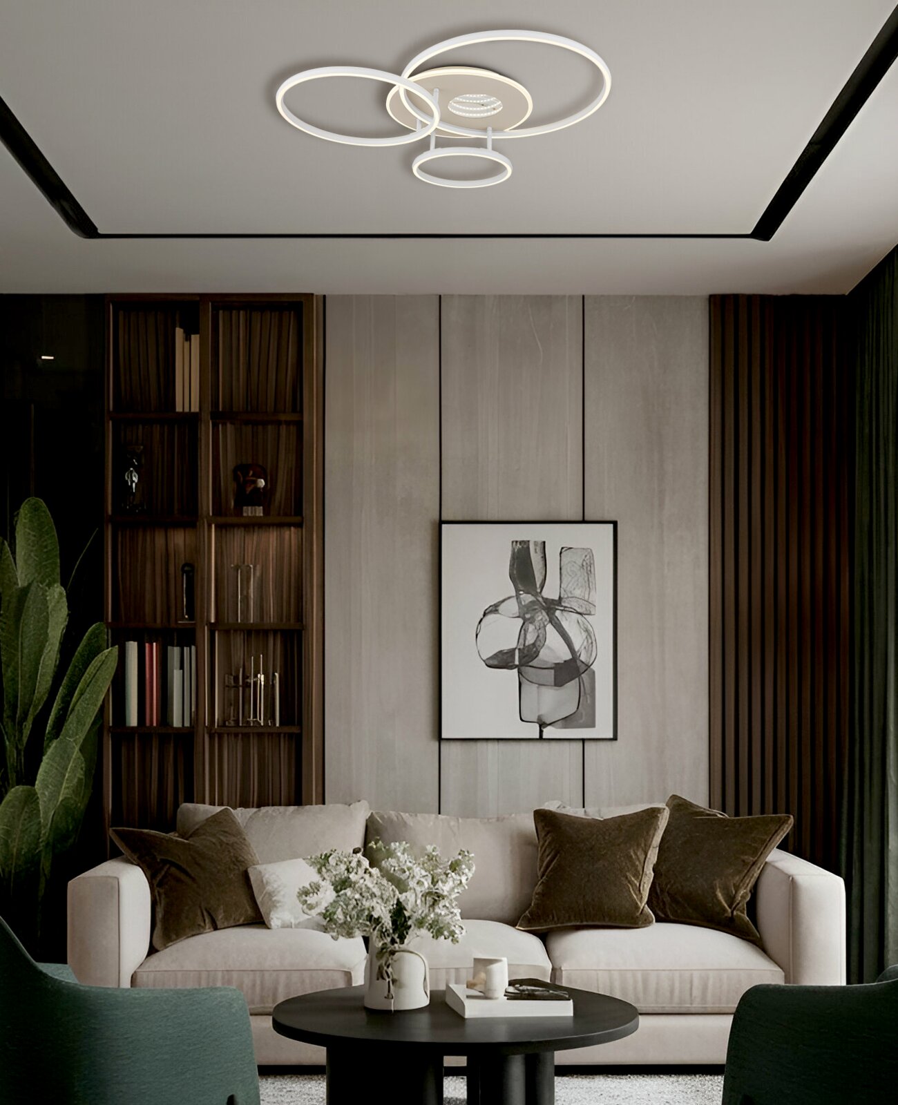 Globo Lighting LED-plafondlamp INVERTINA Moderne led-plafondlamp met een cirkelvormig ontwerp, van onderaf gezien in een stijlvolle woonkamer met een bank en een kunstwerk aan de muur.