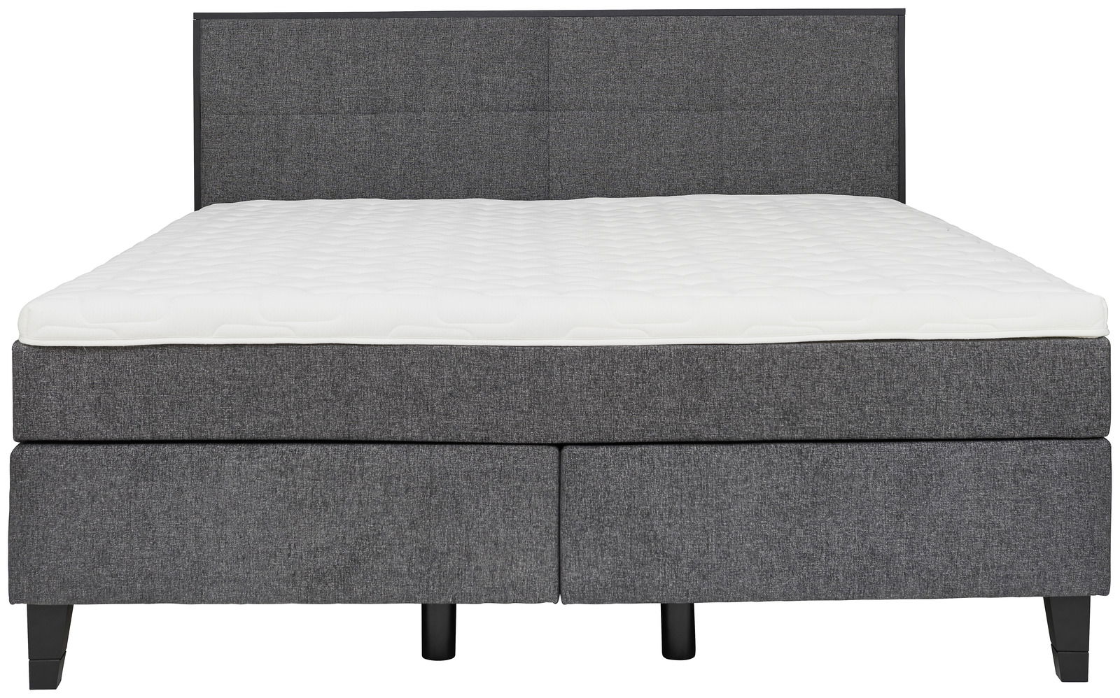 Frontale Ansicht eines grauen Boxspringbetts mit weißer Matratze und schwarzem Kopfteil.