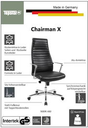 Chefsessel Chairman X in schwarzem Leder mit hoher Rückenlehne, Alu-Armlehnen und höhenverstellbarem Sitz, seitliche Perspektive.