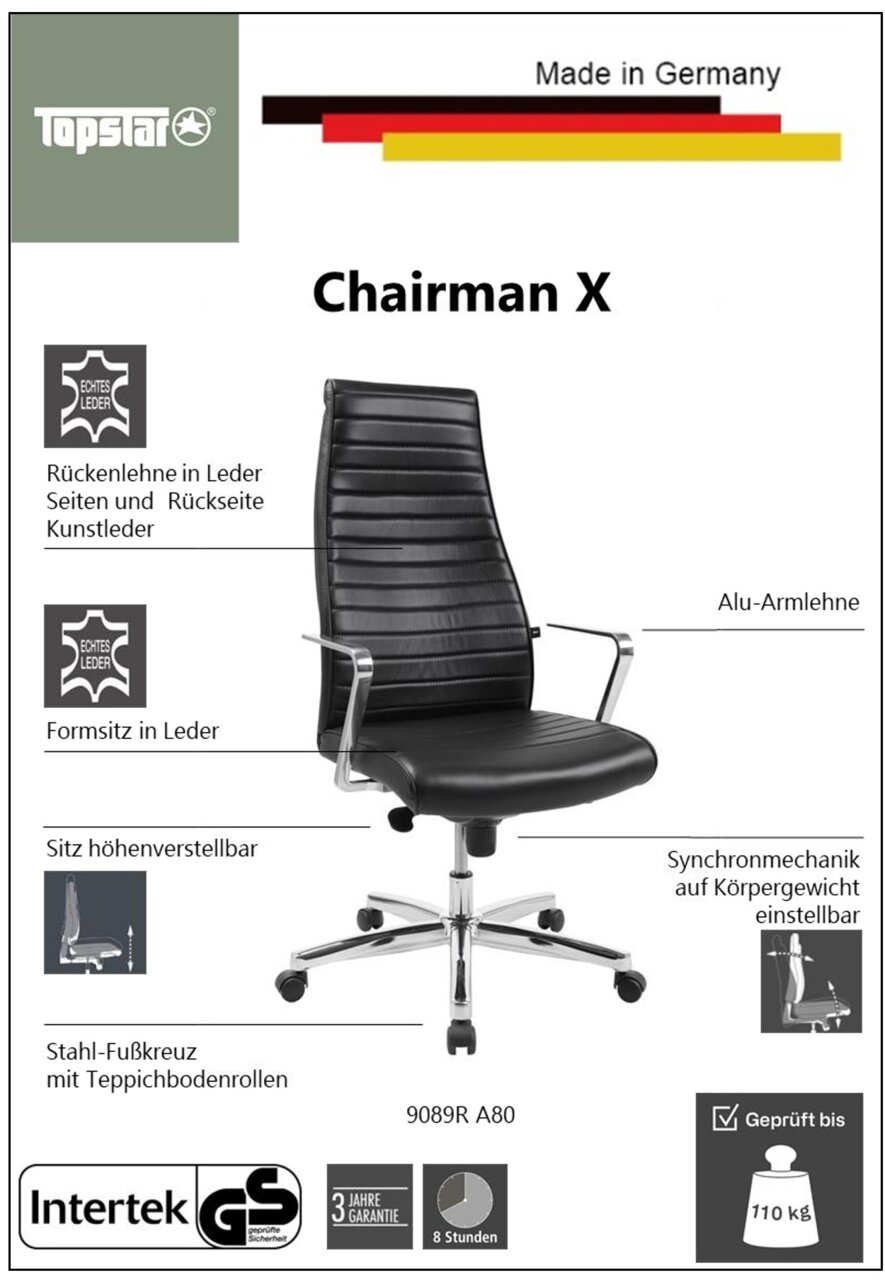 Chefsessel Chairman X in schwarzem Leder mit hoher Rückenlehne, Alu-Armlehnen und höhenverstellbarem Sitz, seitliche Perspektive.