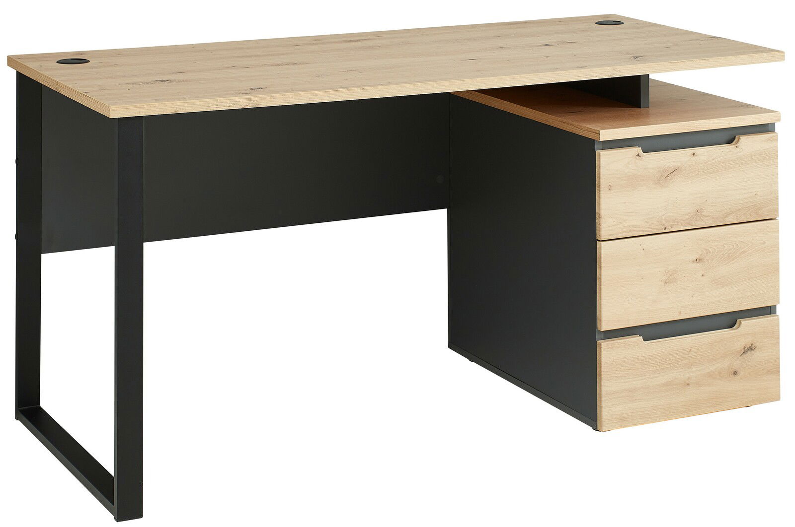 Moderner Schreibtisch mit Holzoberfläche und schwarzem Metallgestell, seitliche Perspektive