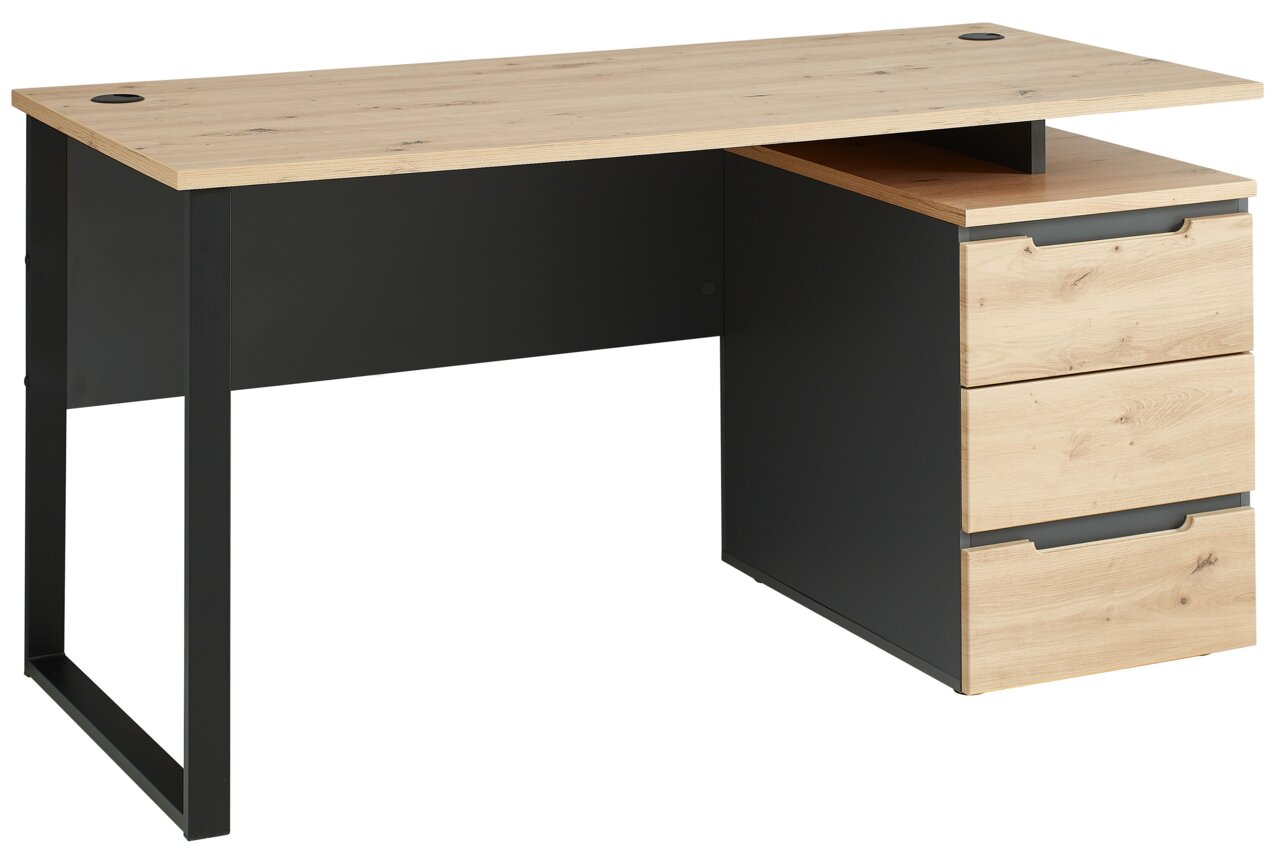 Voleo Schreibtisch DETROIT Moderner Schreibtisch mit Holzoberfläche und schwarzem Metallgestell, seitliche Perspektive