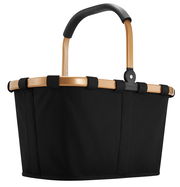 Schwarzer Einkaufskorb mit goldfarbenem Rahmen und schwarzem Griff, seitliche Perspektive