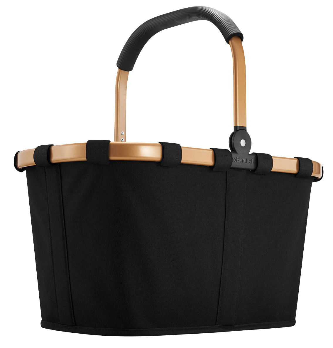 Schwarzer Einkaufskorb mit goldfarbenem Rahmen und schwarzem Griff, seitliche Perspektive