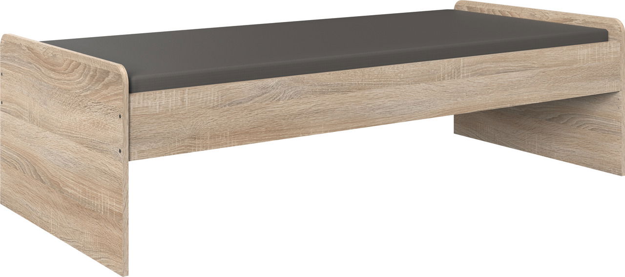 Kastenbett aus Holz mit dunkler Matratze, seitliche Perspektive