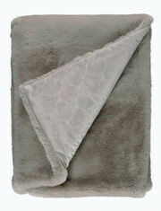 Graue Wohndecke 130x200 cm mit weicher, flauschiger Oberfläche und gemustertem Innenfutter, von oben fotografiert.