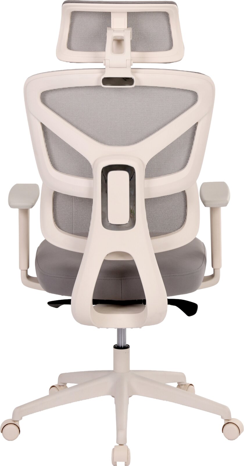 Ergonomischer Bürostuhl mit weißem Rahmen, grauer Netzrückenlehne und grauem Sitzpolster, Kopfstütze, Armlehnen und Rollenfuß, Rückansicht/Ansicht von hinten