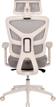 Ergonomischer Bürostuhl mit weißem Rahmen, grauer Netzrückenlehne und grauem Sitzpolster, Kopfstütze, Armlehnen und Rollenfuß, Rückansicht/Ansicht von hinten