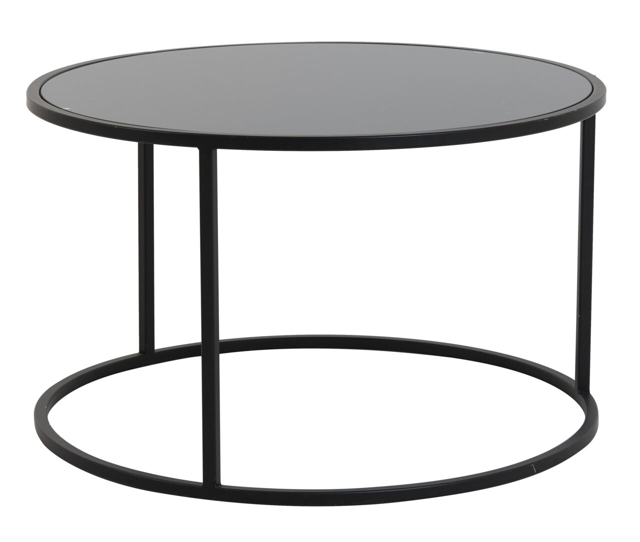 Moderner runder Couchtisch mit schwarzer Glasplatte und Metallrahmen, seitliche Perspektive.