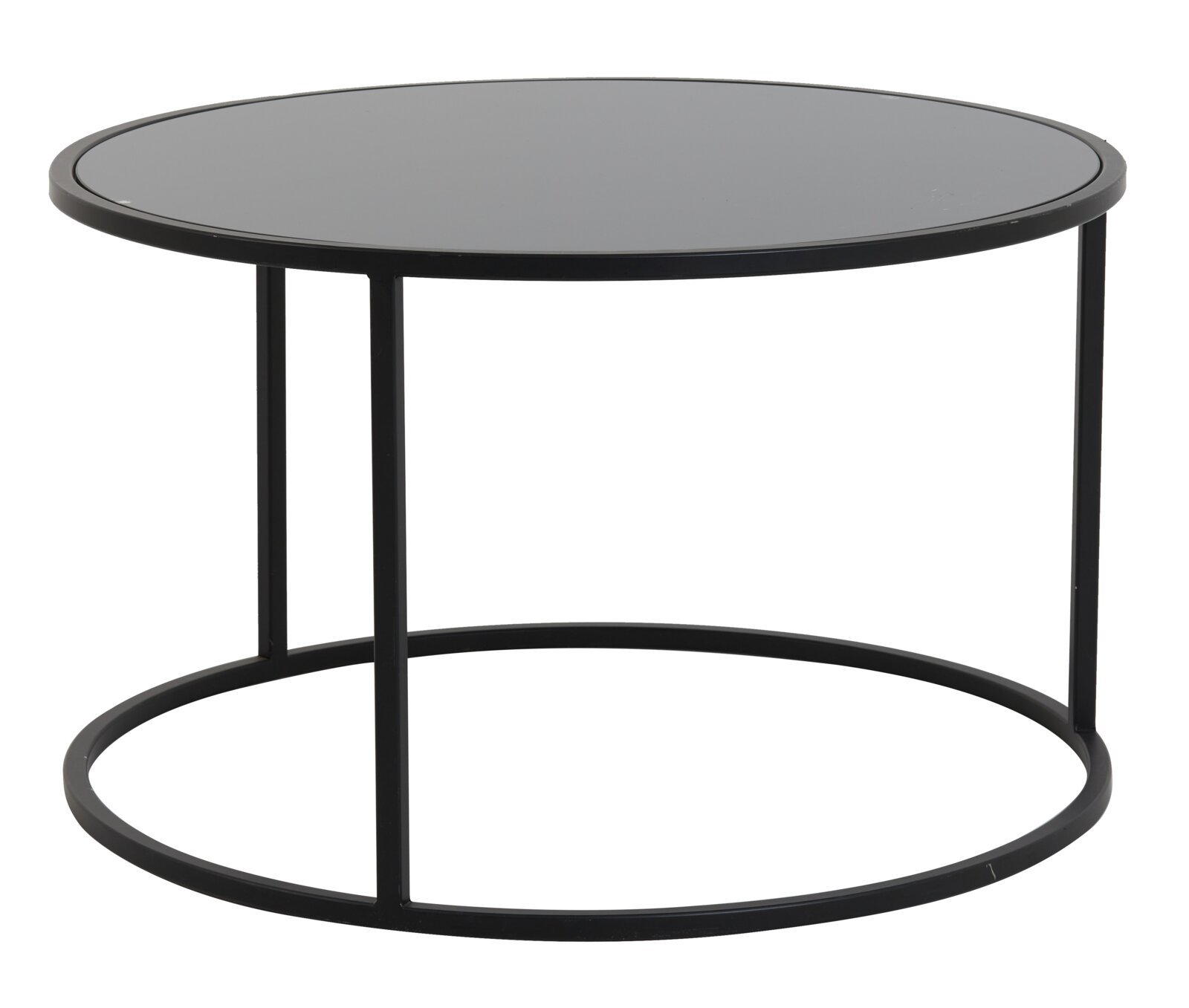 Moderne ronde salontafel met zwart glazen blad en metalen frame, gezien vanaf de zijkant.
