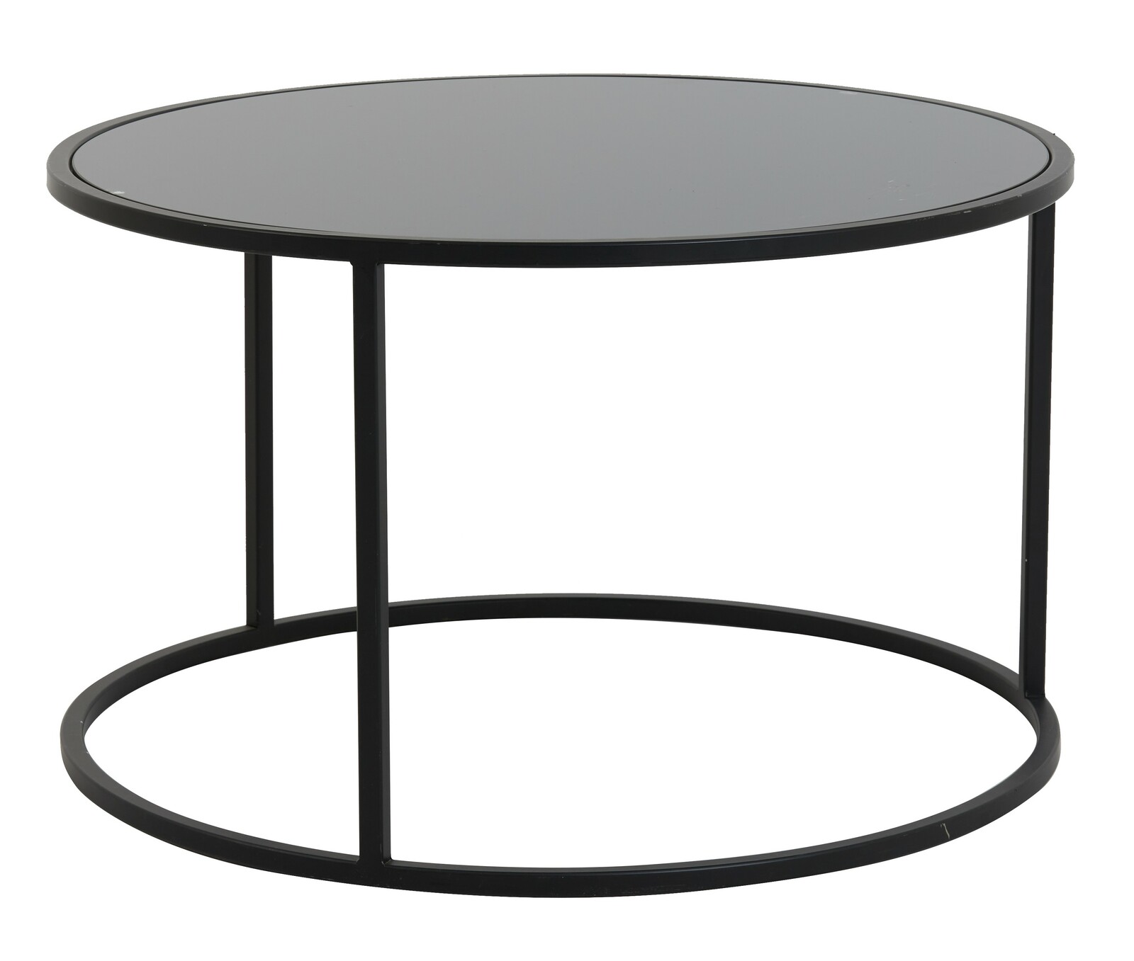 Moderner runder Couchtisch mit schwarzer Glasplatte und Metallrahmen, seitliche Perspektive.