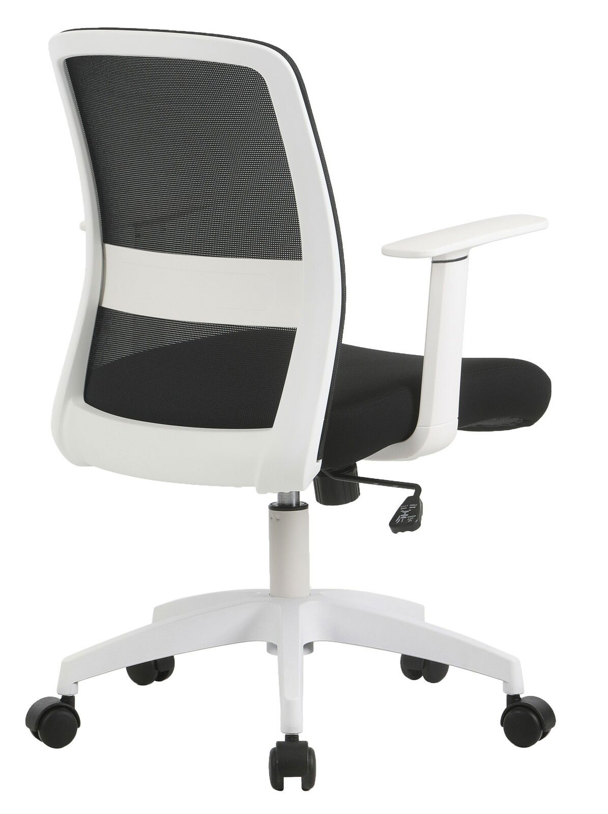 Moderner Drehstuhl mit weißem Rahmen und schwarzer Netzrückenlehne, seitliche Perspektive