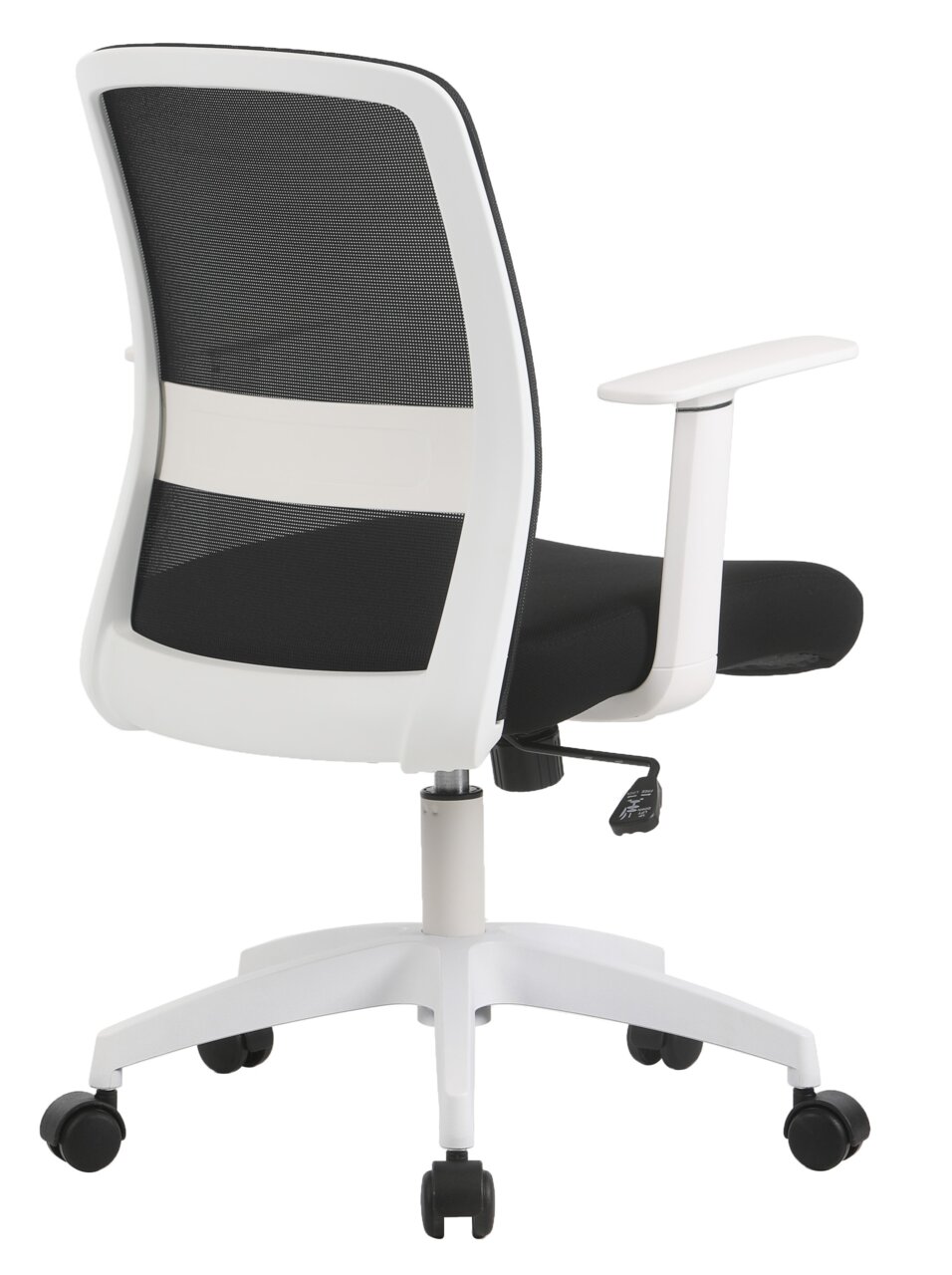 Moderner Drehstuhl mit weißem Rahmen und schwarzer Netzrückenlehne, seitliche Perspektive