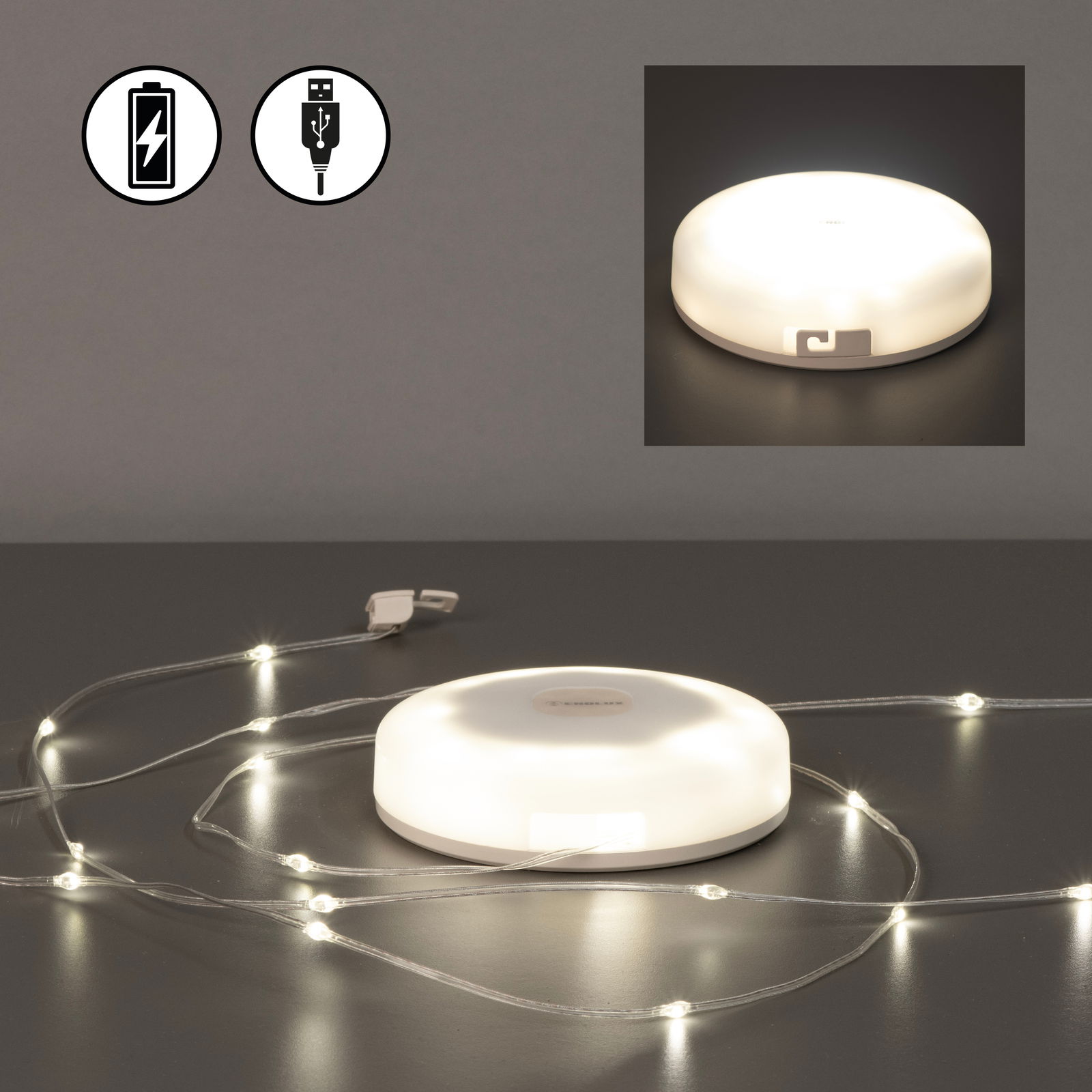 LED-Lichterkette BENNI 10m mit USB-Anschluss und Akku, Draufsicht
