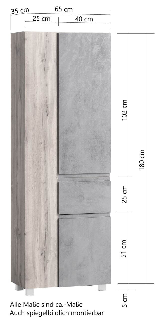Hochschrank in Holzoptik mit grauen Fronten, Maße 180 cm hoch, 65 cm breit, 35 cm tief, seitliche Perspektive