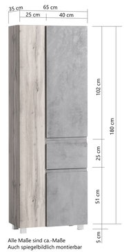 Hochschrank in Holzoptik mit grauen Fronten, Maße 180 cm hoch, 65 cm breit, 35 cm tief, seitliche Perspektive