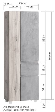 Hochschrank in Holzoptik mit grauen Fronten, Maße 180 cm hoch, 65 cm breit, 35 cm tief, seitliche Perspektive