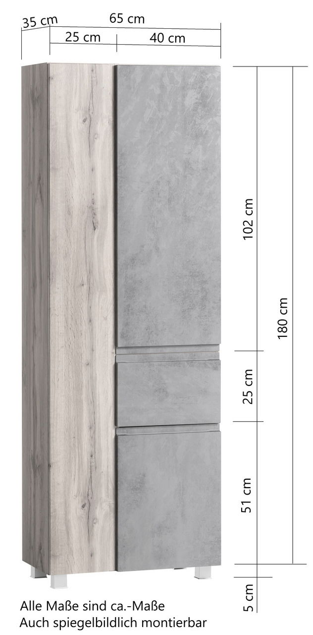 Hochschrank in Holzoptik mit grauen Fronten, Maße 180 cm hoch, 65 cm breit, 35 cm tief, seitliche Perspektive