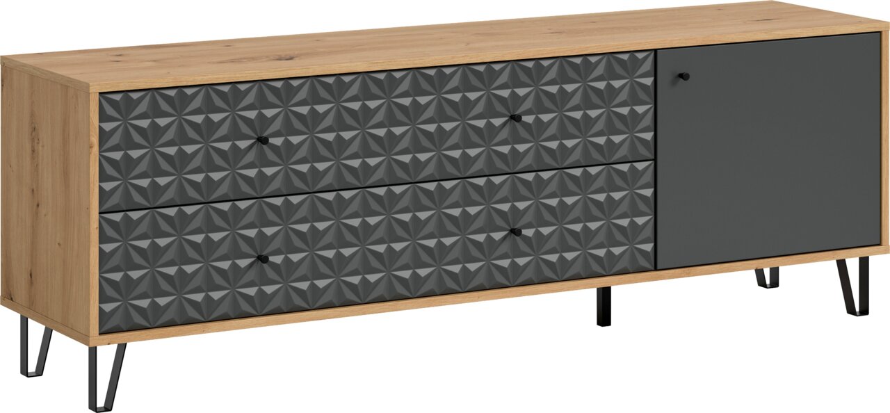 MID.YOU TV-Lowboard PRISMA Modernes Sideboard aus Holzoptik mit zwei grauen Schubladenfronten in 3D-Geometriemuster und einer glatten grauen Tür, auf schwarzen Metallfüßen, in schräger Frontansicht von links.