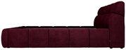 Zijaanzicht van een gestoffeerd bedframe in donkerrood met een gestoffeerd hoofdeinde.