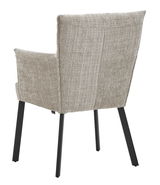 Rückansicht eines Armlehnstuhls mit beigem Stoffbezug und schwarzen Metallbeinen.