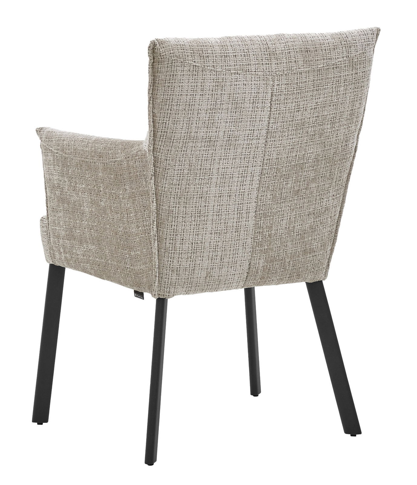 Rückansicht eines Armlehnstuhls mit beigem Stoffbezug und schwarzen Metallbeinen.