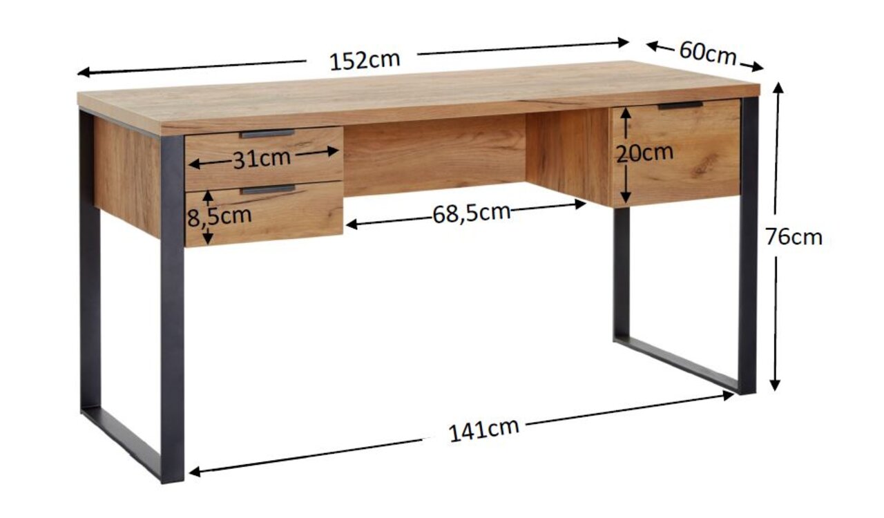 Modern houten bureau met metalen poten, twee lades aan de linkerkant en één lade aan de rechterkant, gezien vanaf de zijkant.