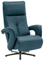 Moderner Relax-Sessel in Blau mit hoher Rückenlehne und gepolsterten Armlehnen, seitliche Perspektive