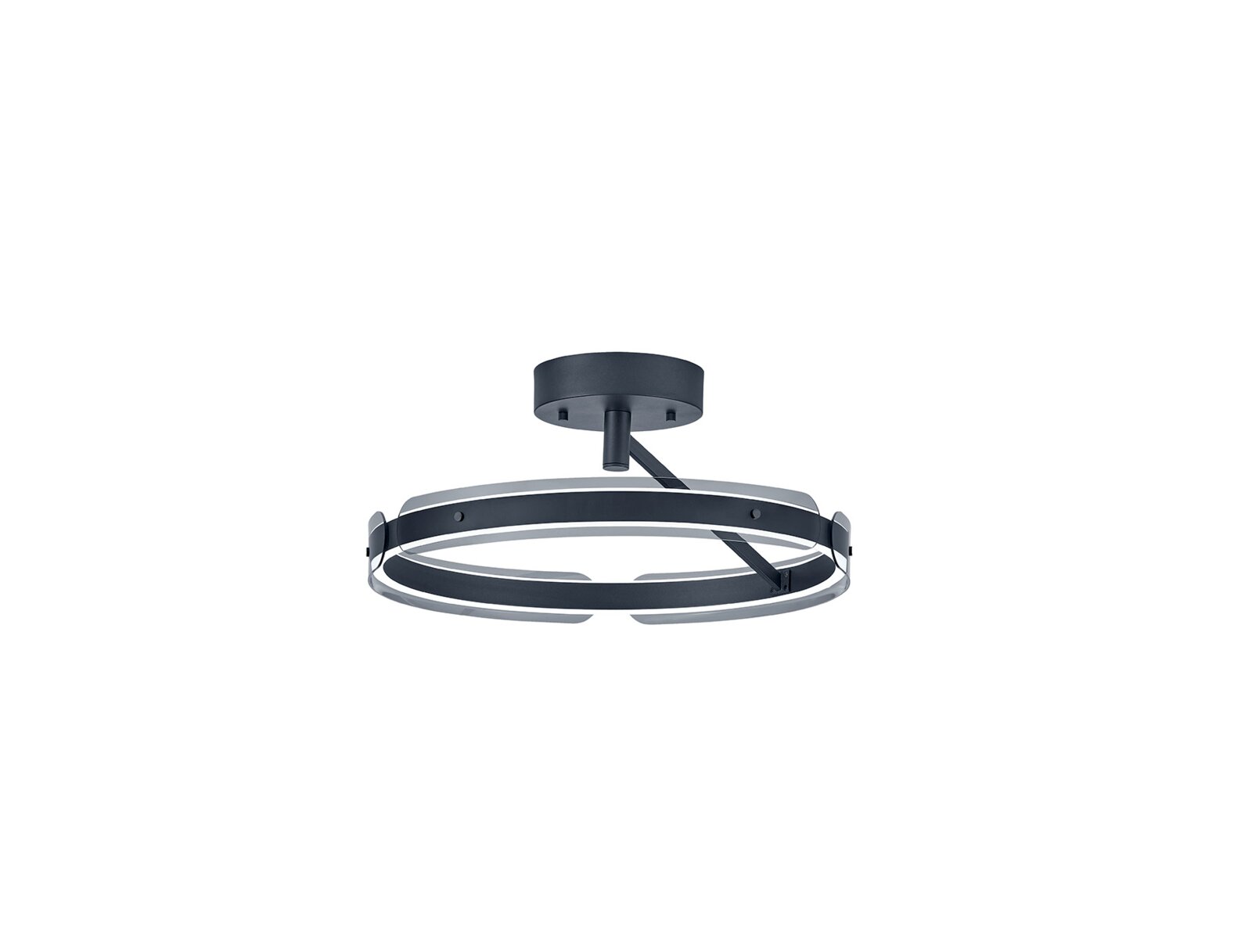 Moderne runde LED-Deckenleuchte in Anthrazit mit ringförmigem Leuchtkörper und diffuser Lichtkante, freigestellt auf weißem Hintergrund, Perspektive: frontale Ansicht leicht von unten.