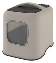 Beige Katzentoilette mit abgerundeten Ecken und schwarzem Deckel, seitliche Perspektive