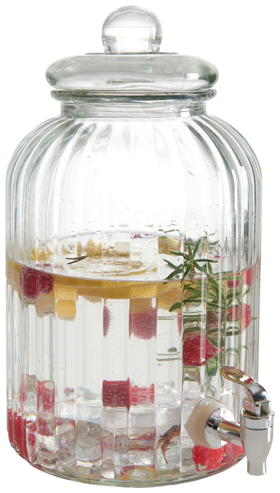 Glas-Getränkespender mit Zapfhahn, gefüllt mit Wasser, Zitronenscheiben, Himbeeren und Rosmarin, seitliche Perspektive