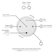 Nahaufnahme eines runden LED-Pendelleuchten-Bedienfelds mit verschiedenen Funktionen zur Steuerung von Helligkeit, Farbtemperatur und Höhe. Perspektive von oben.