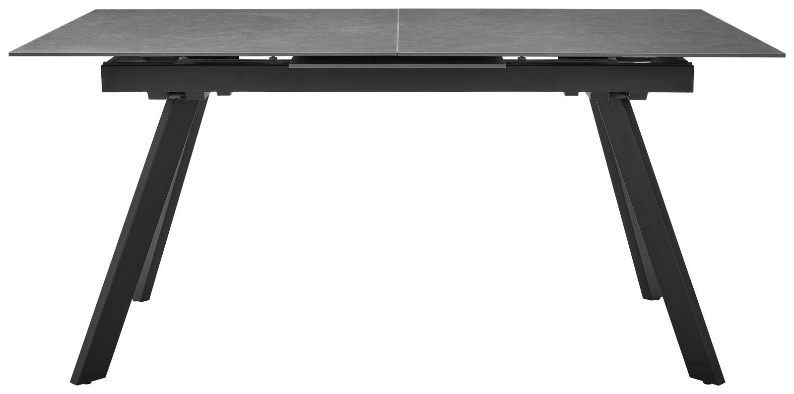 Moderner Esstisch mit grauer Tischplatte und schwarzen, schrägen Beinen, seitliche Perspektive