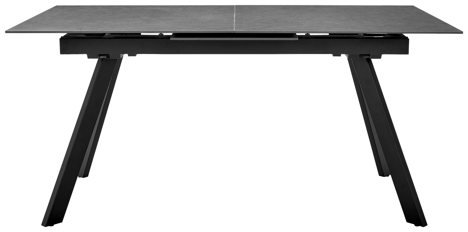 Moderner Esstisch mit grauer Tischplatte und schwarzen, schrägen Beinen, seitliche Perspektive