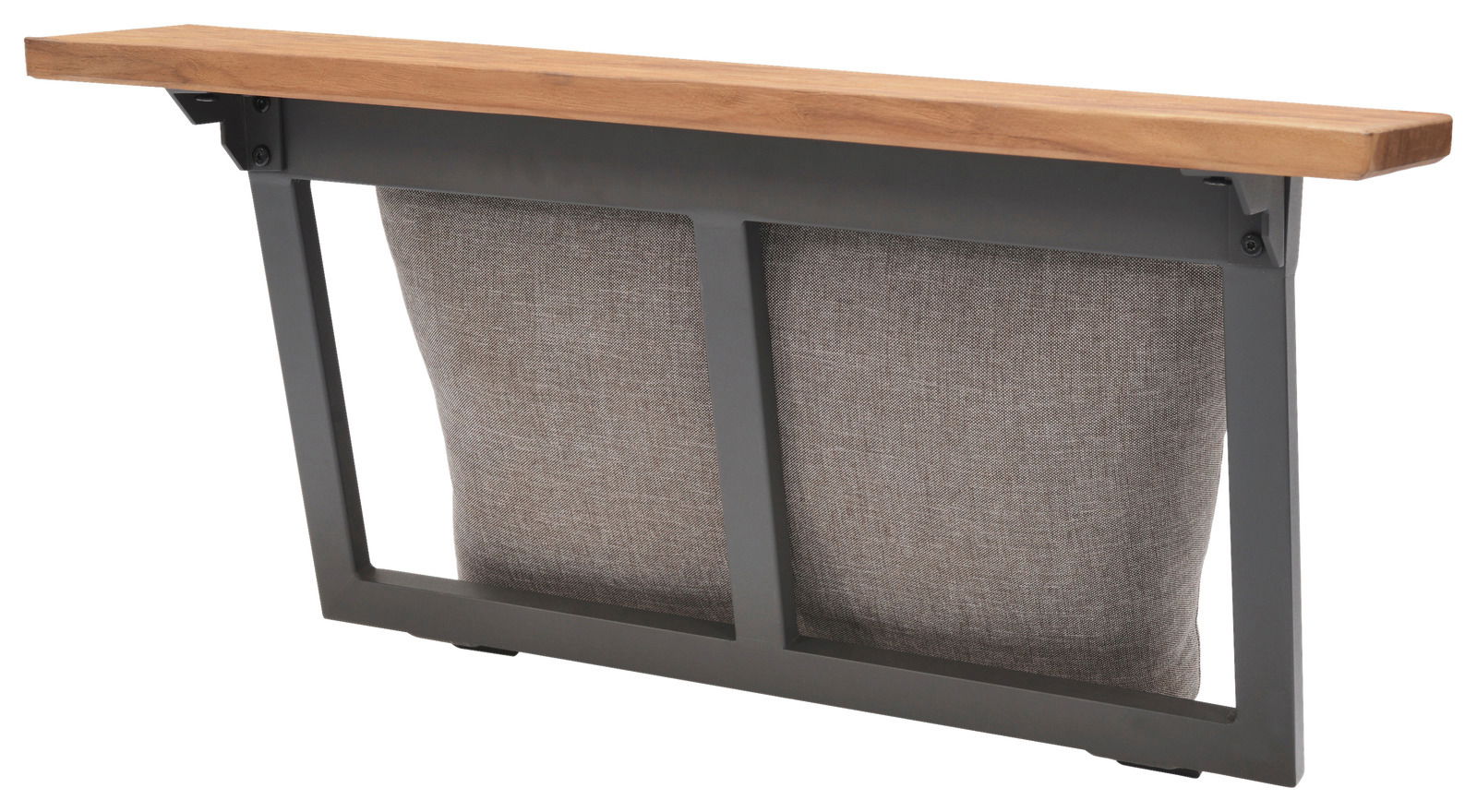 Rückansicht einer Eck-Rückenlehne mit grauem Stoffbezug und Holzoberfläche.