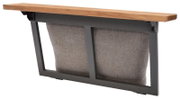 Achterkant van een hoekrugleuning met grijze stoffen bekleding en een houten afwerking.