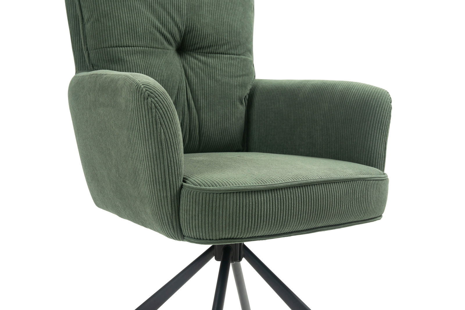 Grüner Sessel mit Cordbezug, seitliche Perspektive, auf schwarzem Metallgestell.