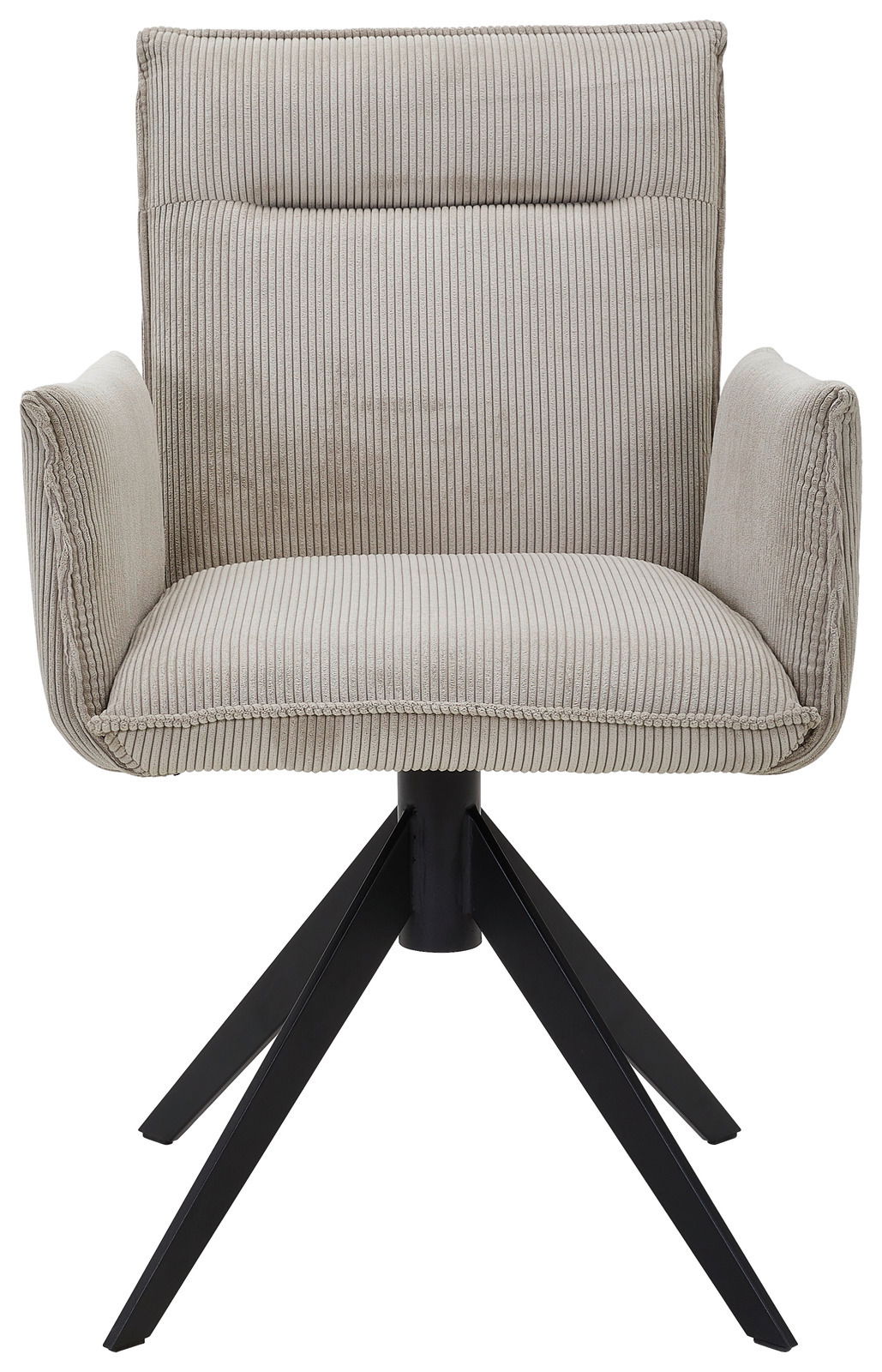 Frontansicht eines modernen Armlehnstuhls mit beigem, geripptem Stoffbezug und schwarzem Metallgestell.