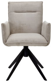Frontansicht eines modernen Armlehnstuhls mit beigem, geripptem Stoffbezug und schwarzem Metallgestell.