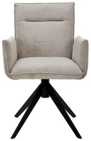 Frontansicht eines modernen Armlehnstuhls mit beigem, geripptem Stoffbezug und schwarzem Metallgestell.