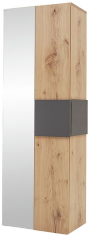 Garderobenschrank aus Holz mit Spiegel und dunklem Akzent, seitliche Perspektive